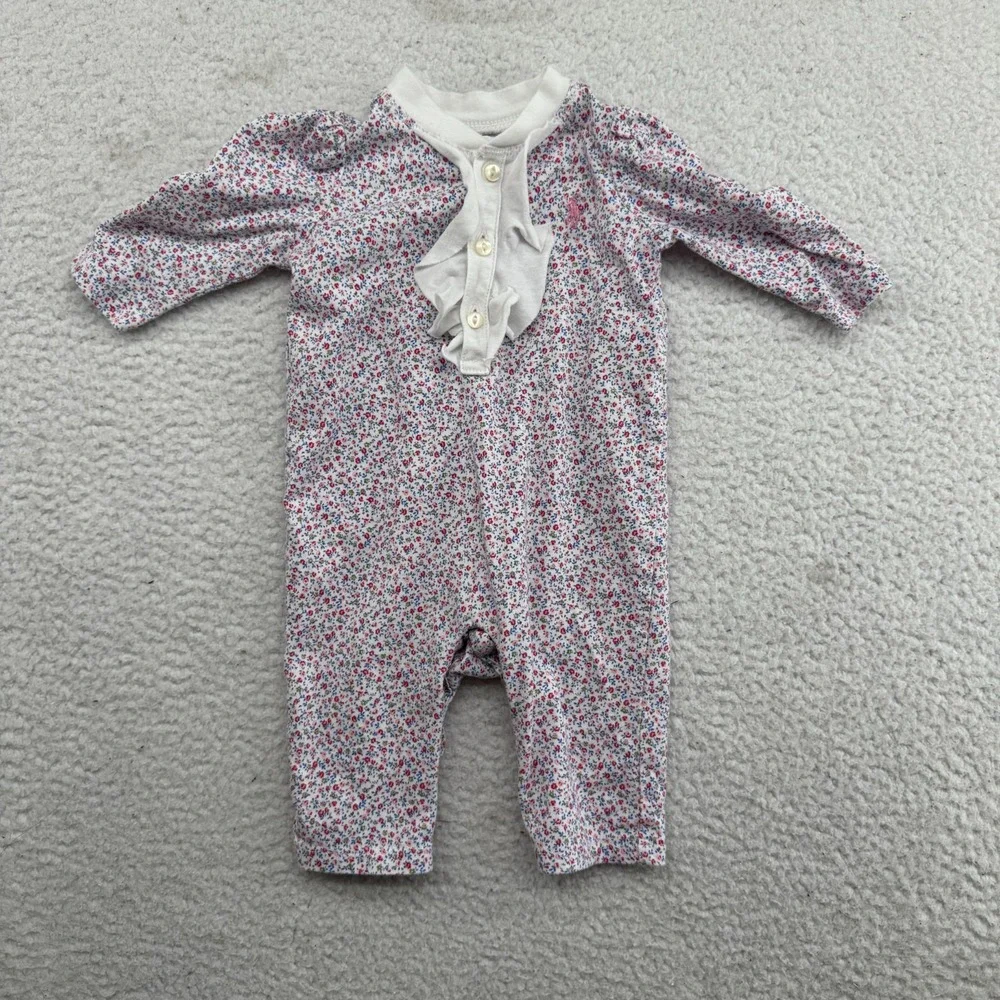 Ralph Lauren Jumper Dress Baby 3M White Roses AOP Pink Pony Long Sleeve Shirt